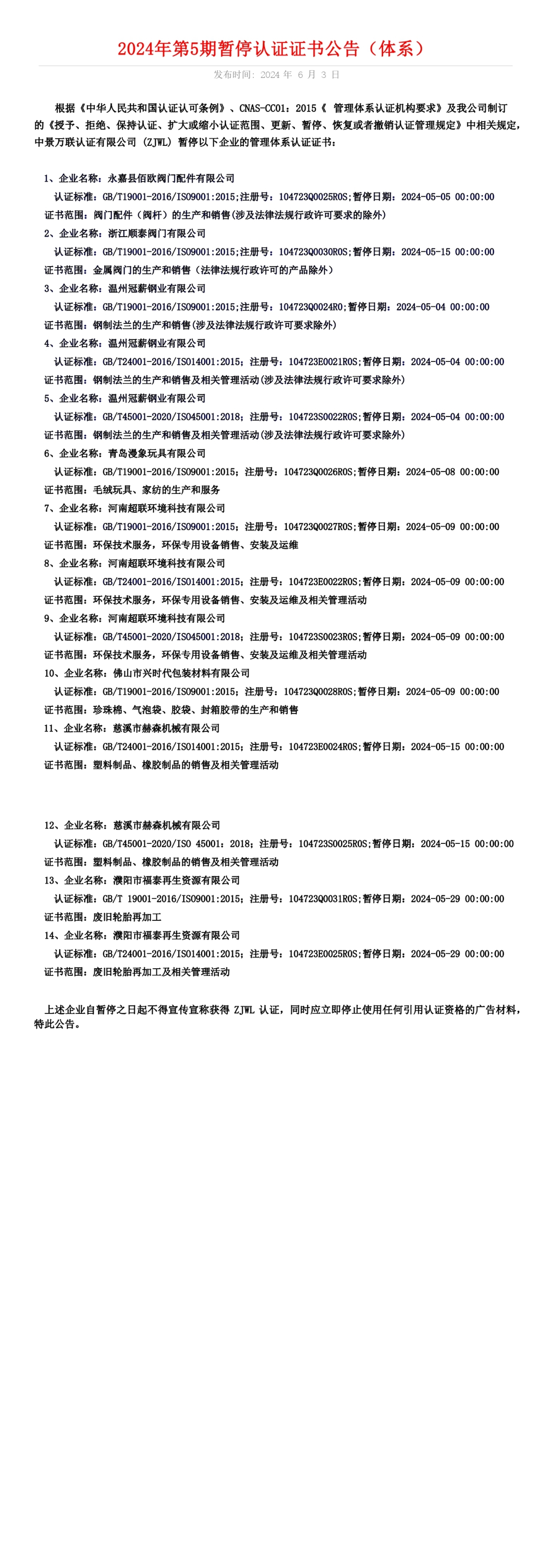 2024 年第5期暂停认证证书公告